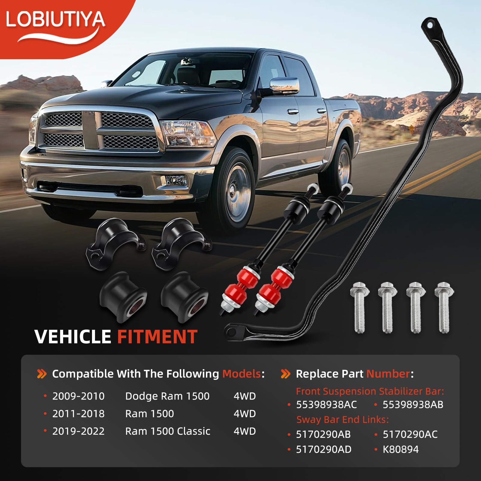 LOBIUTIYA 55398938AC Front Suspension Stabilizer Bar and K80894 Sway Bar End links Kit with Bushing Fits for 2009-2010 Dodge Ram